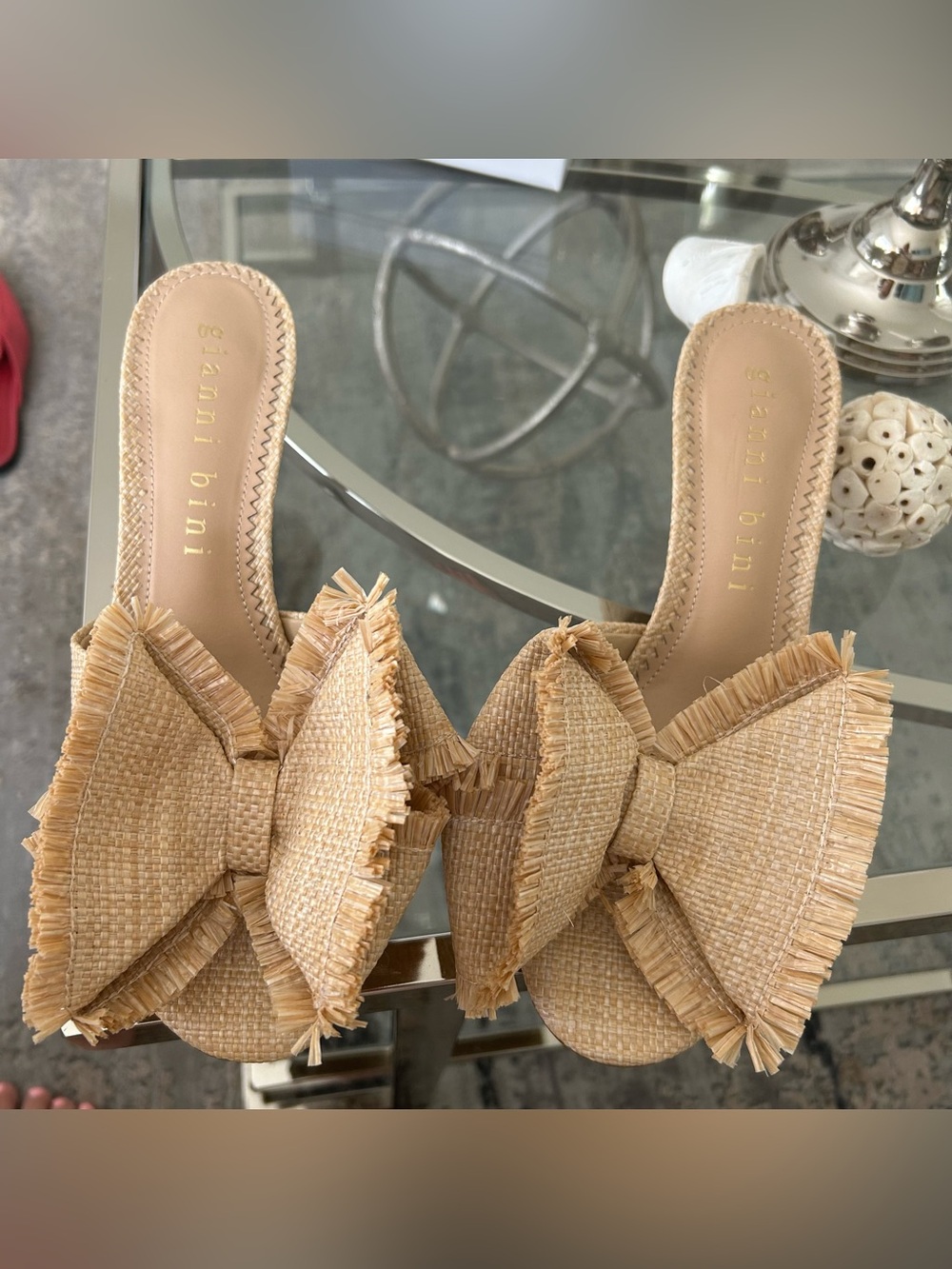 Gianni Bini Natural Raffia Bow Slide Sandals
